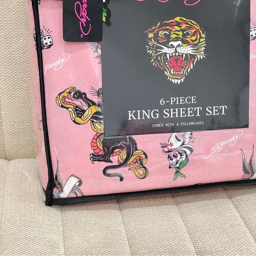 NEW Ed Hardy Pink Tattoo Print 6 Piece King Sheet Set Tiger Skull Rose